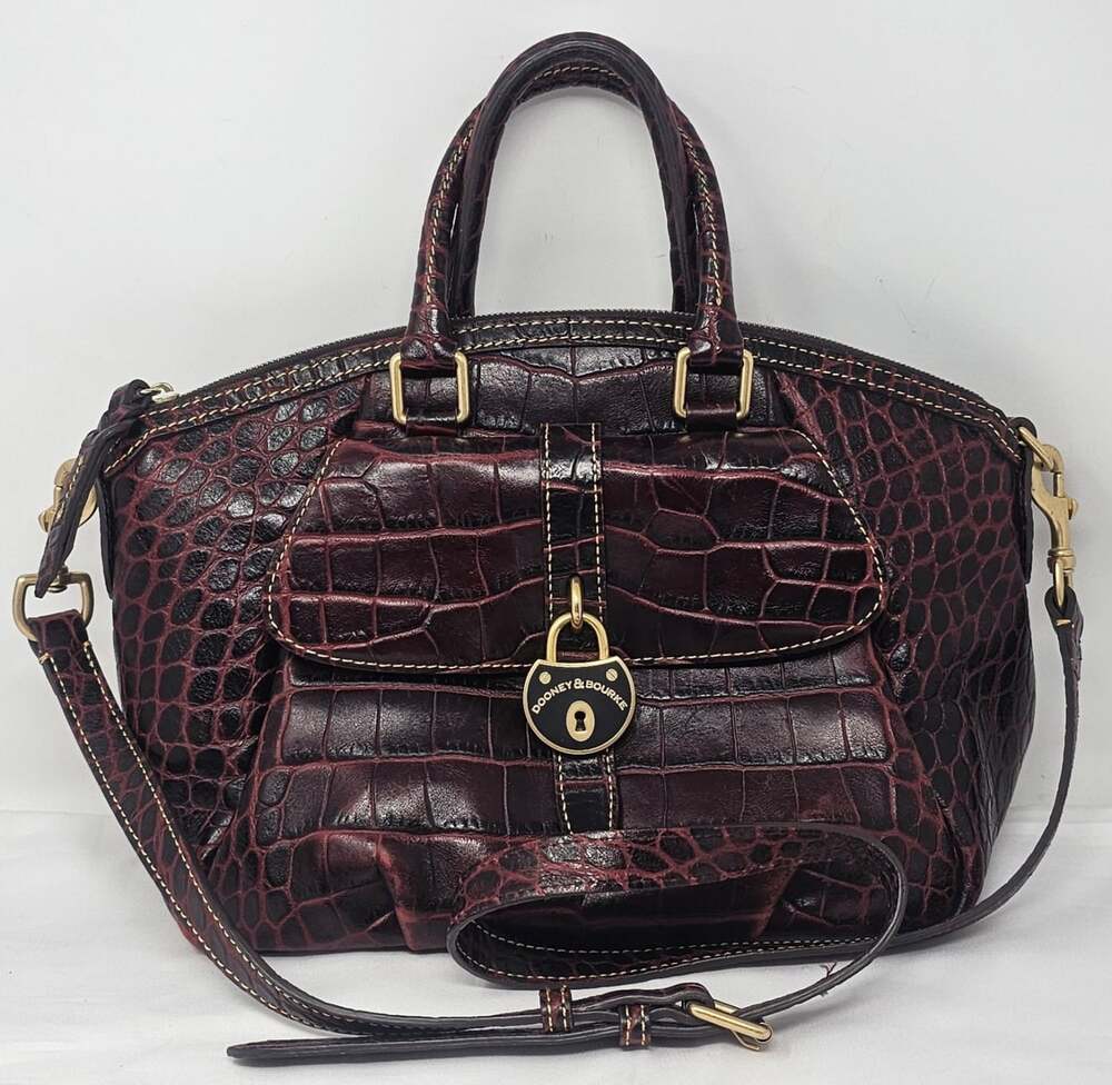 Dooney & Bourke Campbell Croco Fino Leather Satchel Bag Burgundy Bordeaux Lock